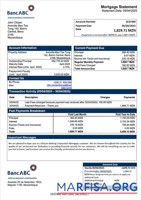 Downloadable Mozambique African Banking Corporation mortgage statement Word and PDF template